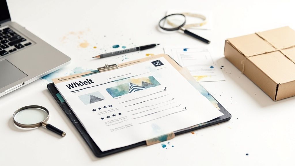 A white desk with a laptop, clipboard, magnifying glasses, a pen, and a cardboard box.