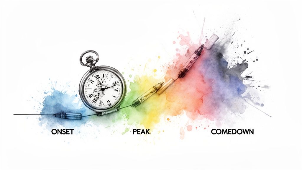 Artistic timeline illustrating the onset, peak, and comedown phases of drug effects with a clock and syringes.