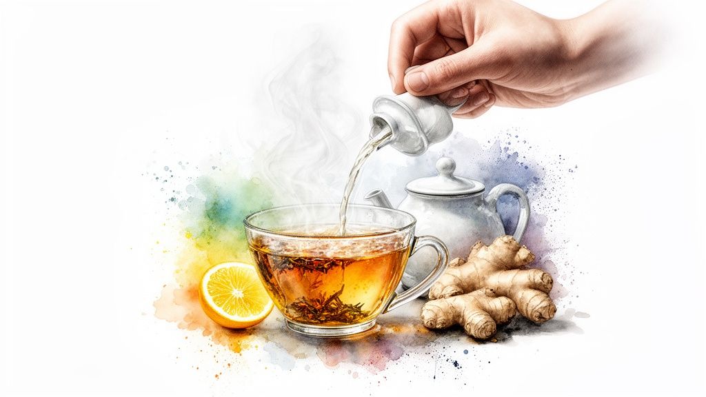 A hand pouring hot water into a steaming cup of herbal tea with lemon and ginger.