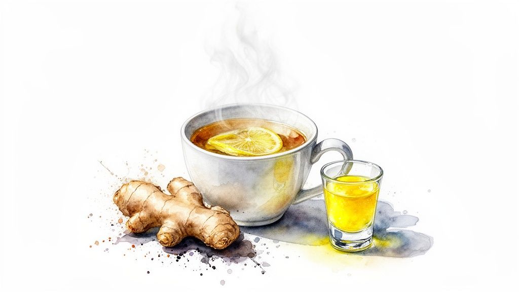 A watercolor illustration of steaming ginger lemon tea, a fresh ginger root, and a wellness shot.