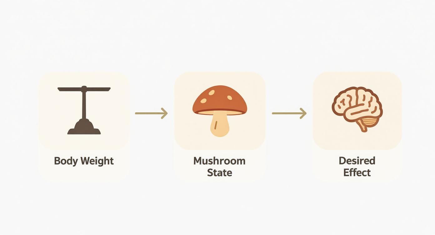 Flowchart showing body weight leading to mushroom state, then to desired effect on the brain.