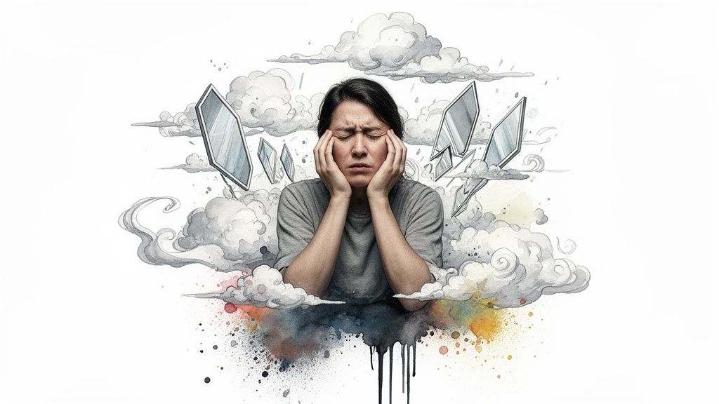 Watercolor illustration of a distressed person with hands on face, surrounded by clouds and shattered reflections.