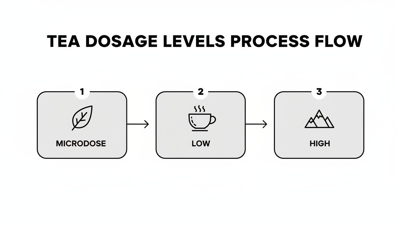 A process flow chart titled 'TEA DOSAGE LEVELS' with three steps: Microdose (leaf icon), Low (tea cup icon), and High (mountains icon).