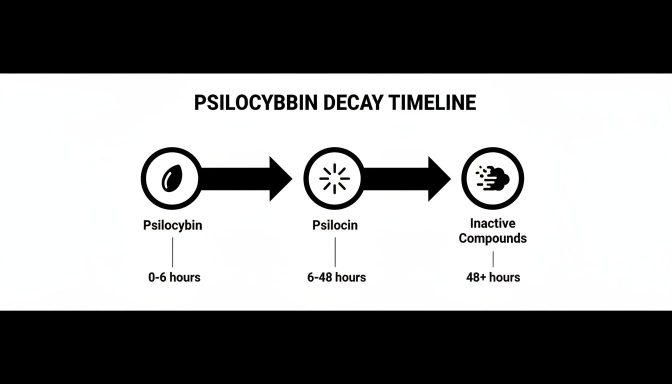 Timeline illustrating the decay of psilocybin into psilocin and then inactive compounds.