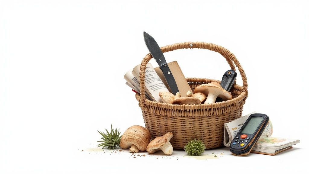 Wicker basket filled with mushrooms, foraging knife, field guide, and identification tools for mushroom hunting