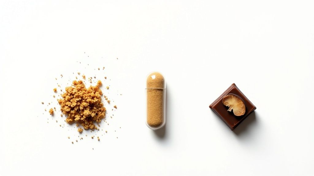 Three forms of psilocybin mushrooms: ground powder, capsule, and chocolate piece with mushroom slice