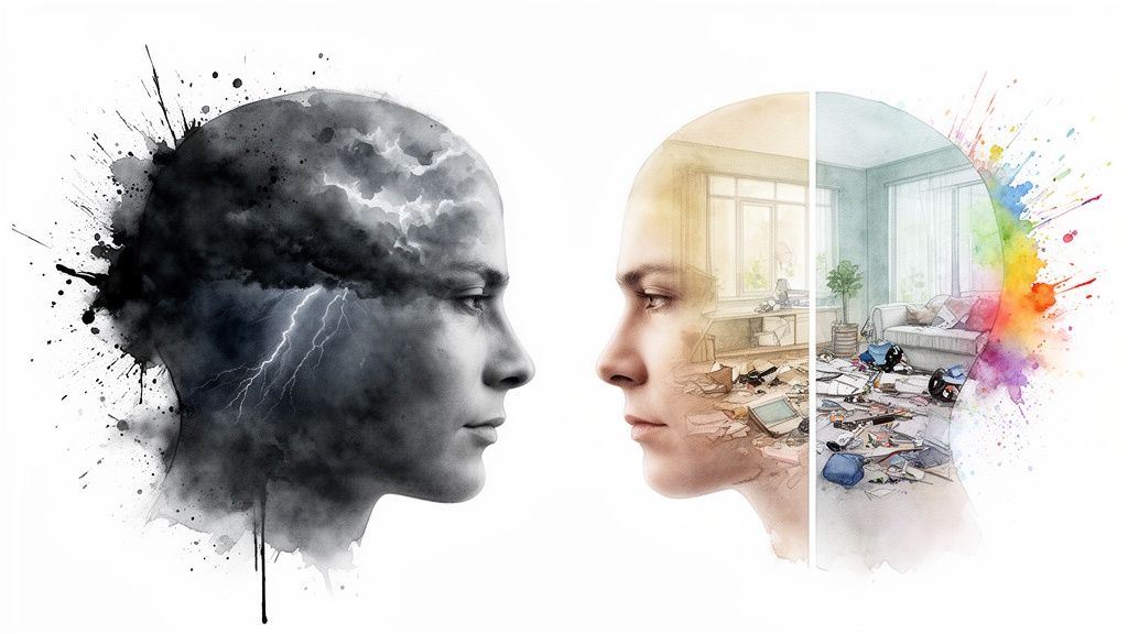 Two profiles, one with a stormy, dark mind and the other an evolving room from chaos to order.