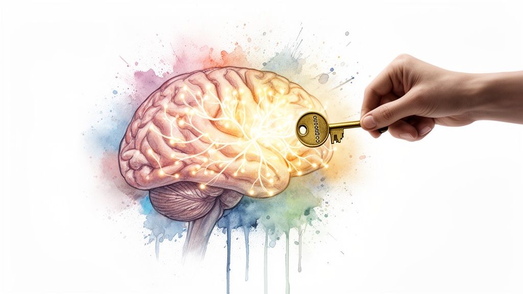 A hand inserts a golden key into a glowing human brain, symbolizing unlocking mental potential.
