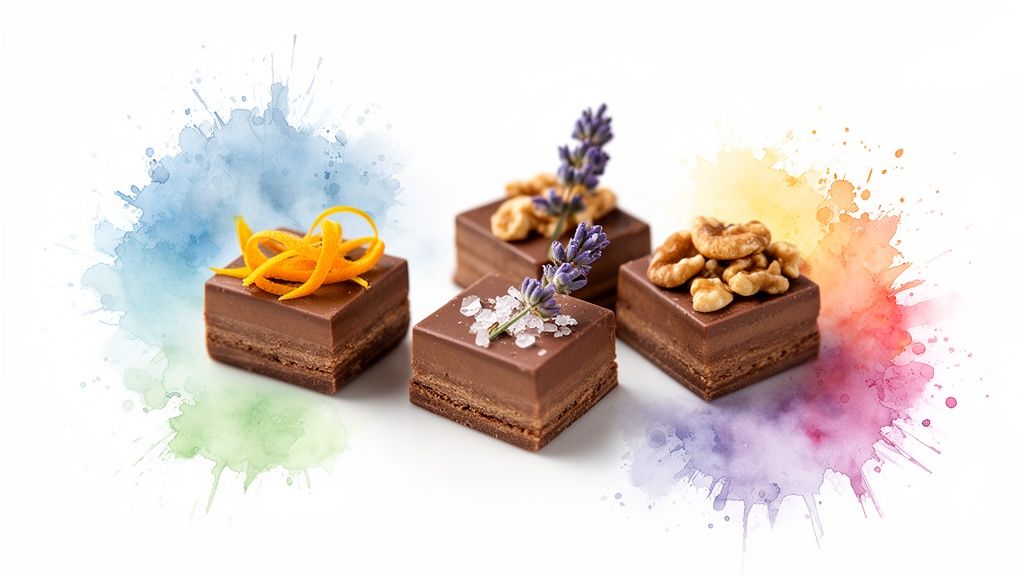 Four gourmet chocolate squares with diverse toppings: orange zest, lavender, sea salt, and walnuts.
