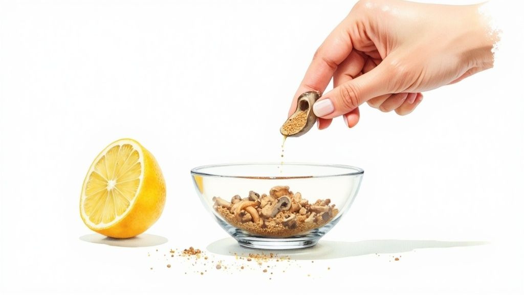 A hand drips liquid from a small device into a bowl of mushrooms and granules, with a lemon half.