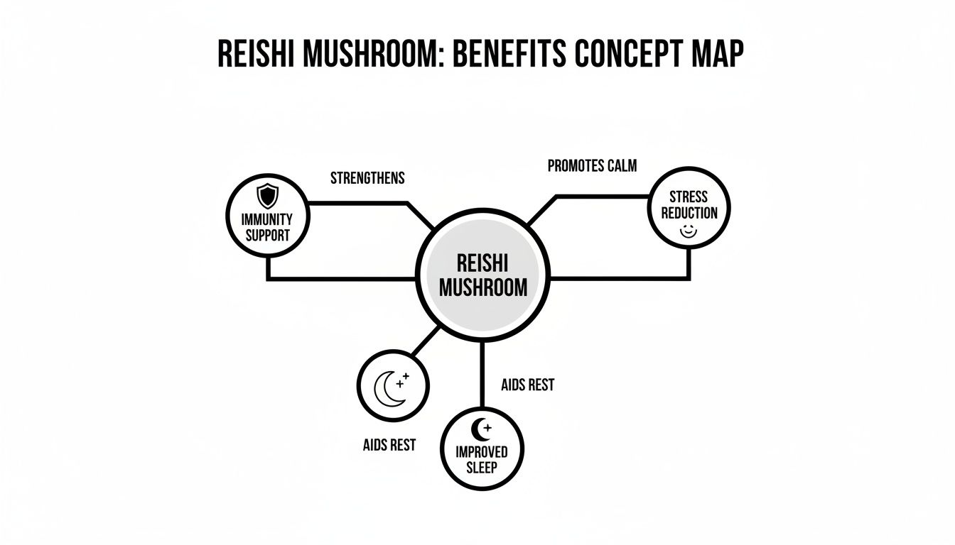 A concept map showing Reishi Mushroom benefits for immunity, stress reduction, rest, and sleep.