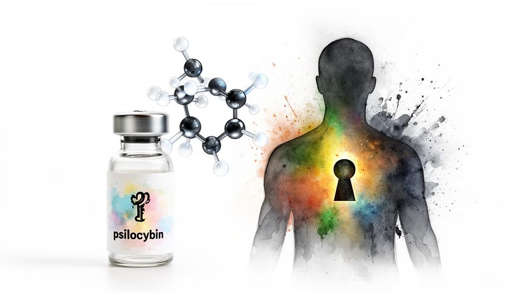 Psilocybin vial, molecule, and human silhouette with keyhole, representing unlocking therapeutic potential.