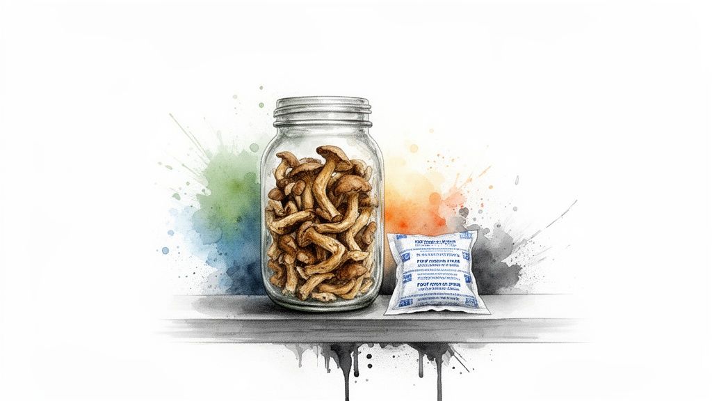 A watercolor illustration shows dried mushrooms in a glass jar with a desiccant packet, for proper storage.