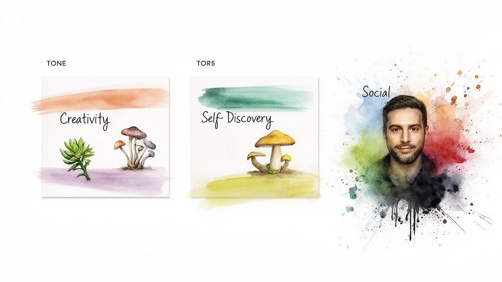 Three watercolor panels illustrating creativity, self-discovery, and social themes with mushrooms and a man.
