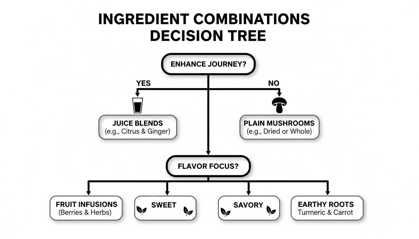 A decision tree flowchart illustrating ingredient combinations for mushrooms, distinguishing between enhancing journey and flavor focus.