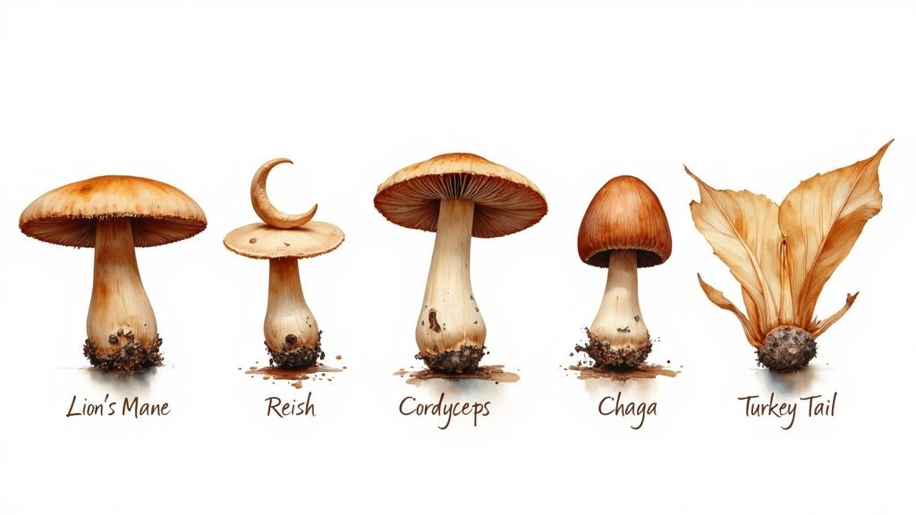 Five distinct functional mushrooms: Lion's Mane, Reishi, Cordyceps, Chaga, and Turkey Tail, on a white background.