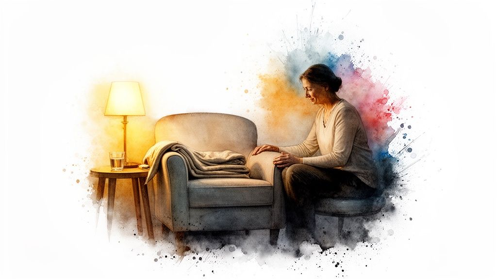 Watercolor illustration of a woman sitting beside an armchair, with a lamp and water on a table.