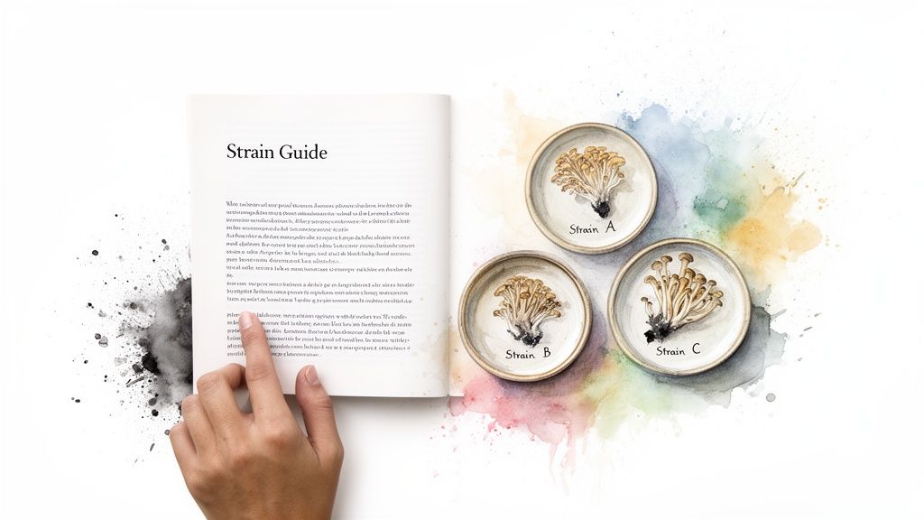 Hand holding a 'Strain Guide' book, next to three dishes with different mushroom strains A, B, and C.