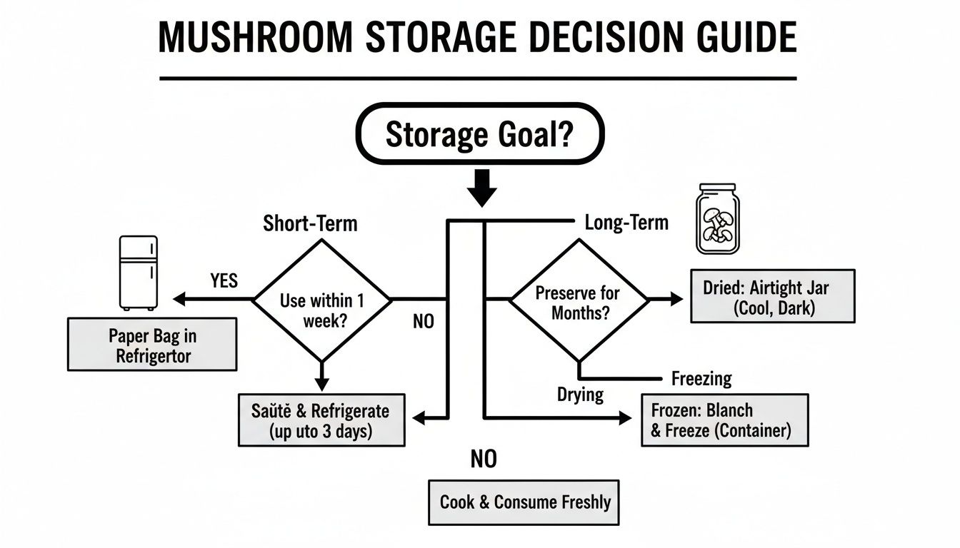 Flowchart guiding mushroom storage decisions for short-term and long-term preservation methods.