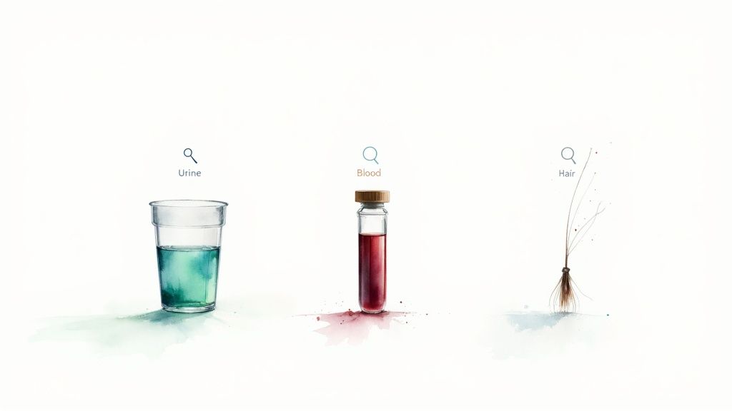Watercolor illustration of urine in a glass, blood in a vial, and strands of hair.