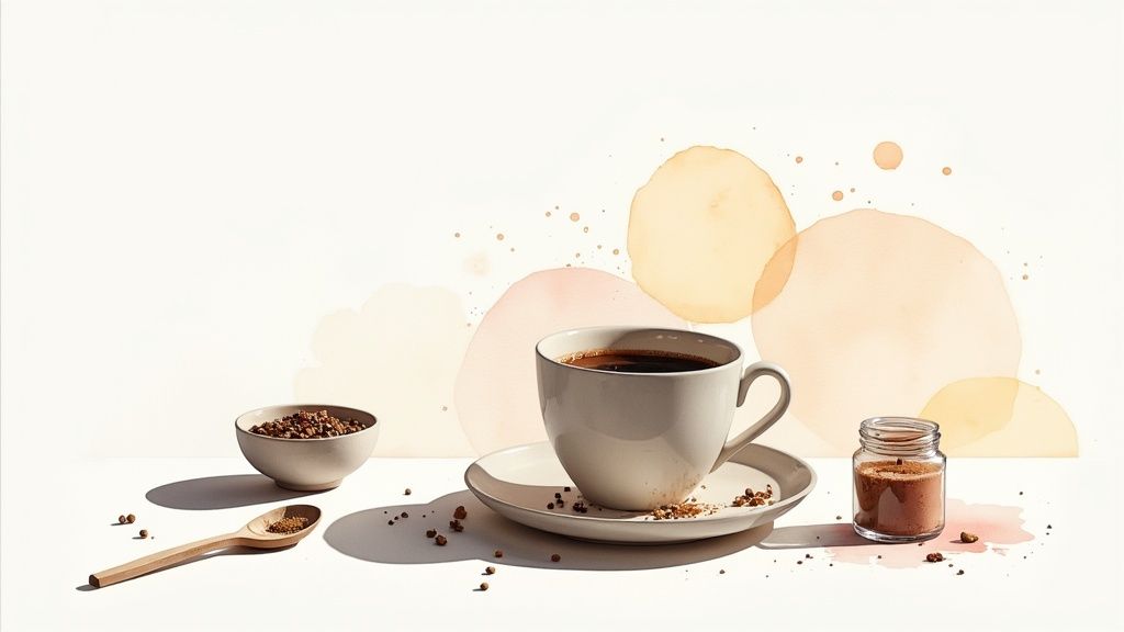 A cup of coffee, a bowl of coffee beans, a wooden spoon, and a jar on a white background.