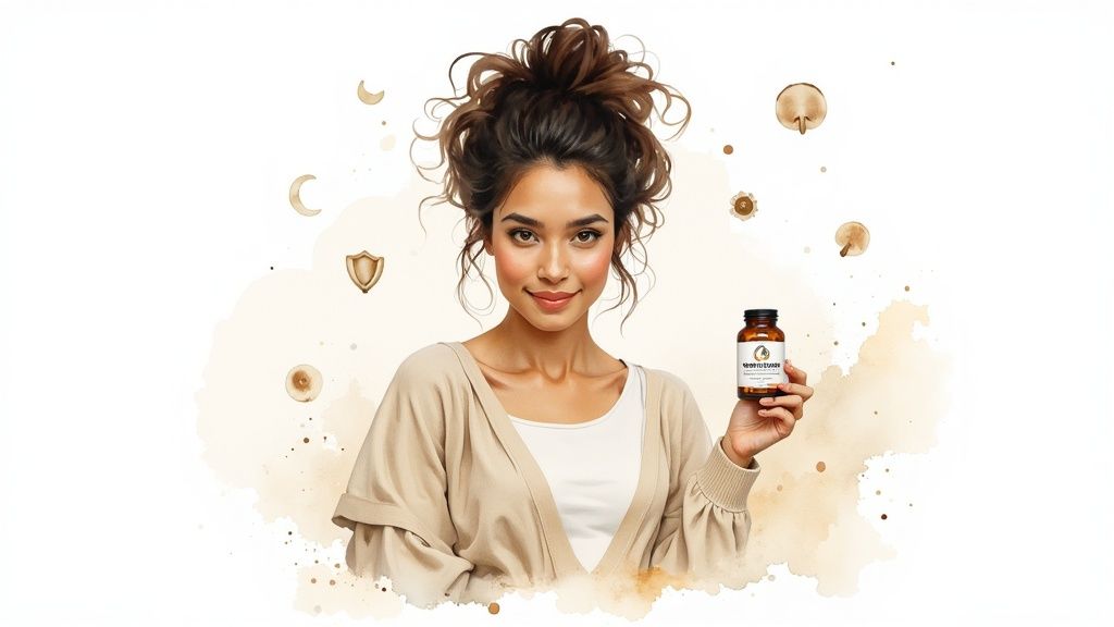 A smiling woman with a messy bun holds a supplement bottle, surrounded by earthy-toned watercolor shapes and elements.