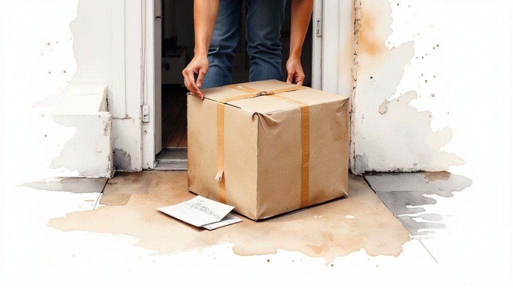 A person's hands carefully adjusting a large brown package on a doorstep.