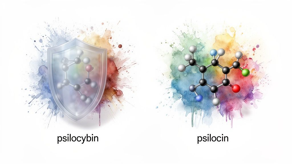 Two molecular structures, psilocybin inside a shield and psilocin, with colorful watercolor splashes.