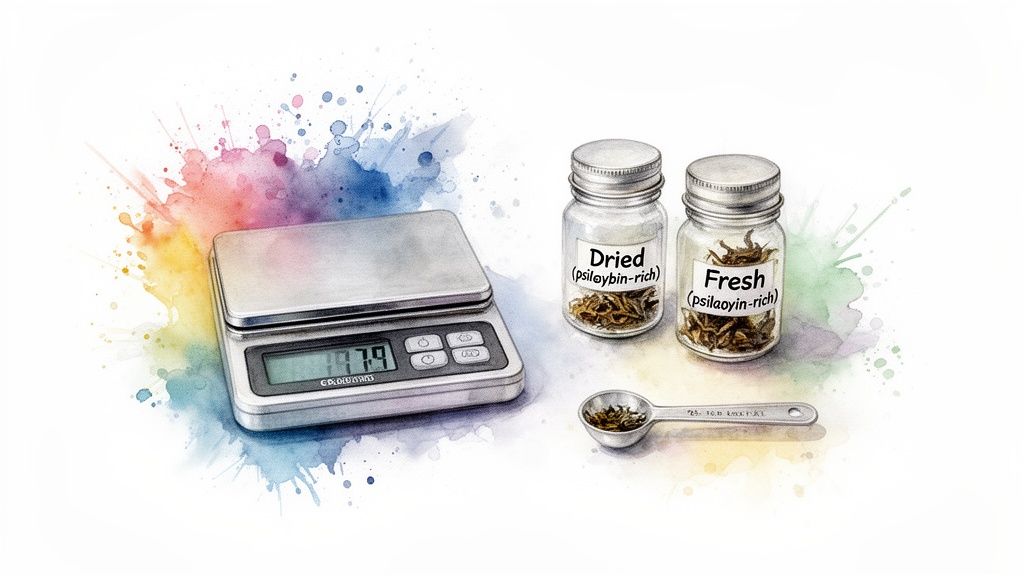Digital scale, jars of dried and fresh psilocybin-rich material, and a measuring spoon.