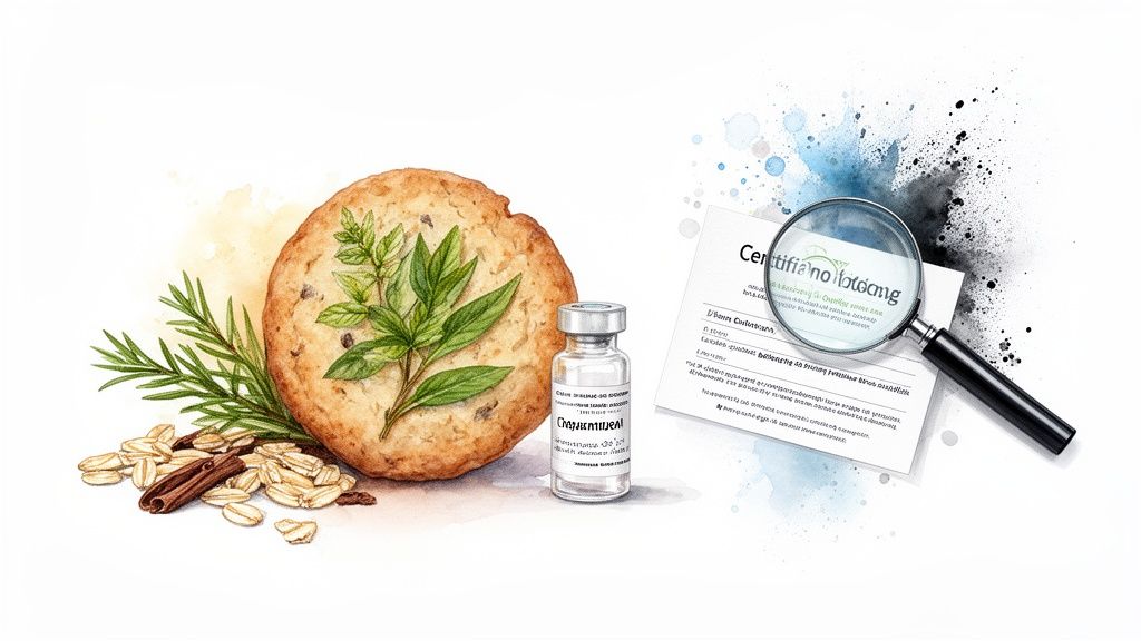 Watercolor of a cookie with herbs, oats, cinnamon, vial, and magnified certificate on white background.