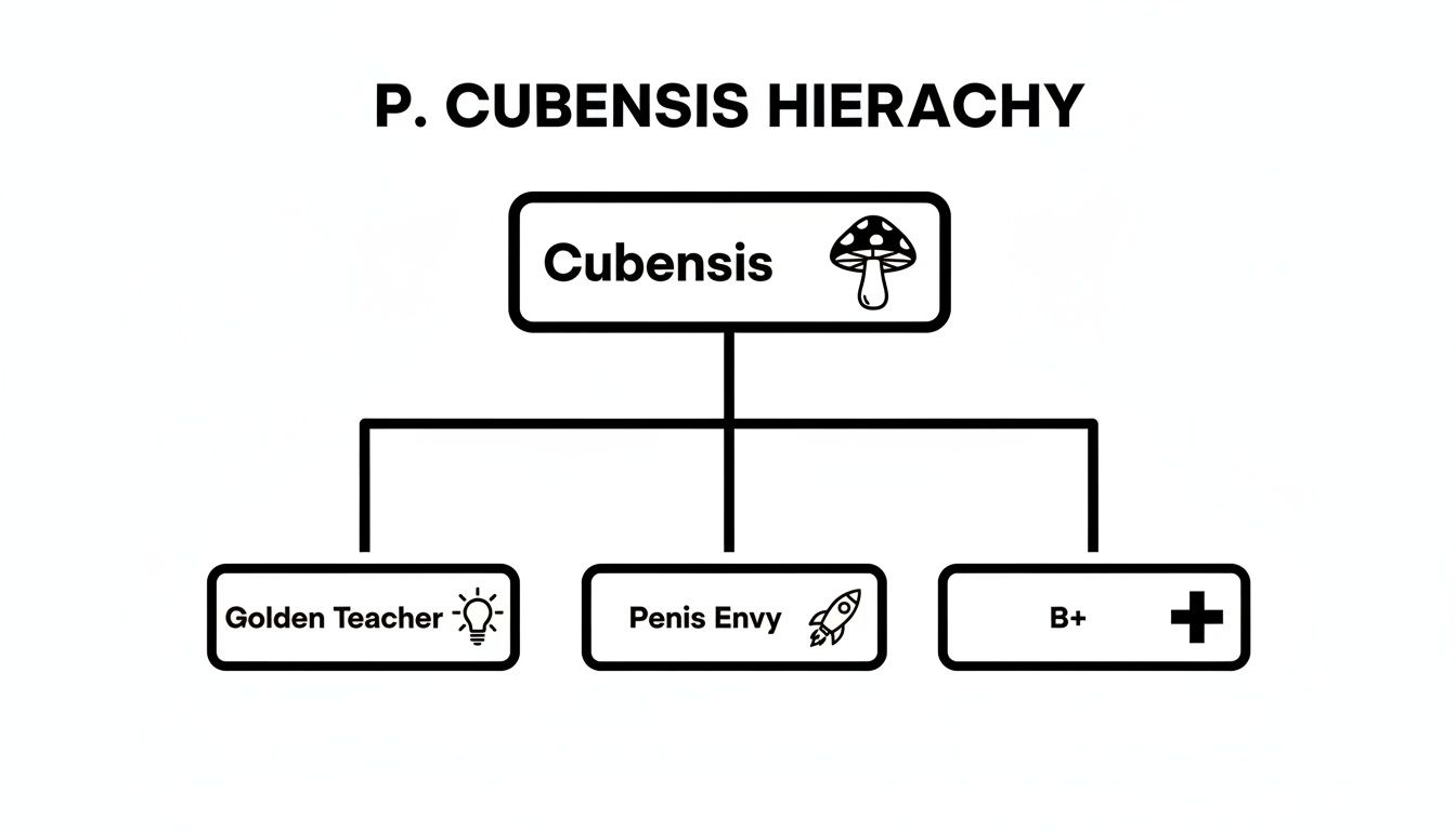 A hierarchy diagram showing Psilocybe Cubensis at the top, branching into Golden Teacher, Penis Envy, and B+ mushroom strains.
