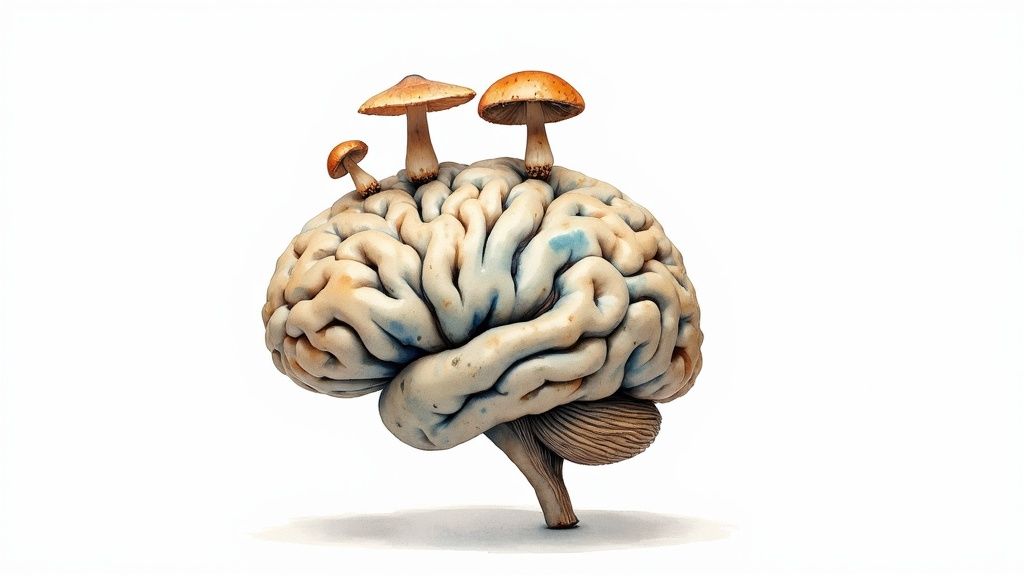 A detailed human brain with three brown mushrooms growing on its top, set against a white background.
