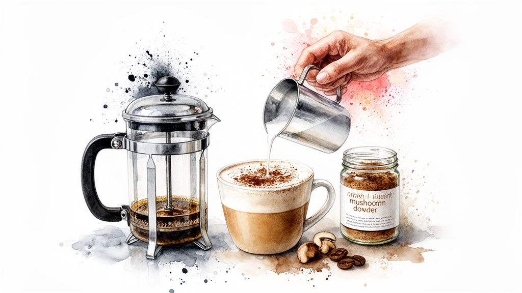 Watercolor illustration of mushroom coffee preparation with a French press, frothy latte, and mushroom powder jar.
