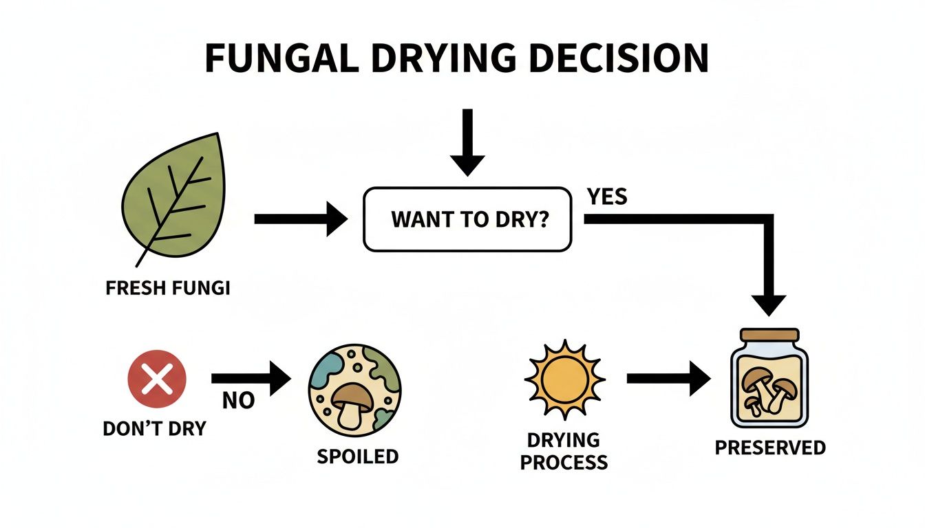 A flowchart illustrating the decision process for drying fungi, leading to preserved or spoiled outcomes.