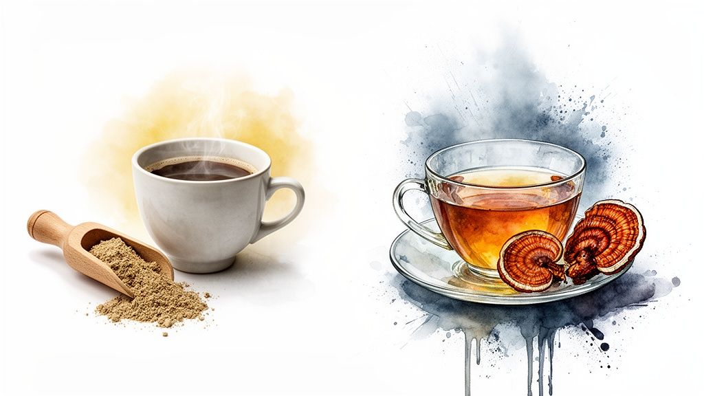 Steaming coffee with mushroom powder and reishi mushroom tea, highlighting functional beverages.