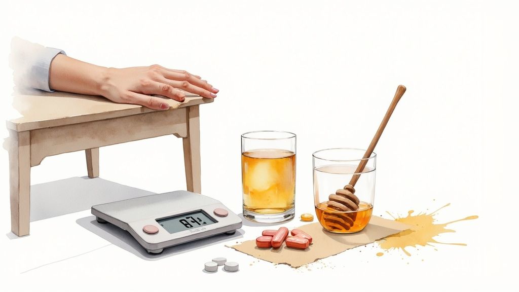 A hand rests on a table next to a digital scale, glasses with liquid, pills, and a honey dipper.