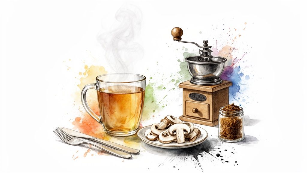 Watercolor illustration of a hot drink, sliced mushrooms, a coffee grinder, and dried spices.
