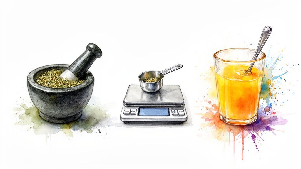 Three watercolor illustrations showing ingredients preparation: a mortar with herbs, a scale with a scoop, and a glass of orange juice with a spoon.