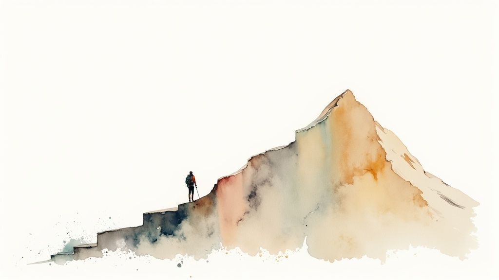 A person climbs a mountain made of watercolor steps, symbolizing progress and achievement.