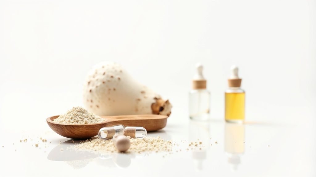 Mushroom extract powder on a wooden spoon, with capsules and dropper bottles on a white background.