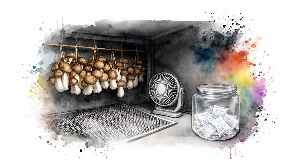 Watercolor illustration of mushrooms drying, with a fan, drying rack, and desiccant packets.
