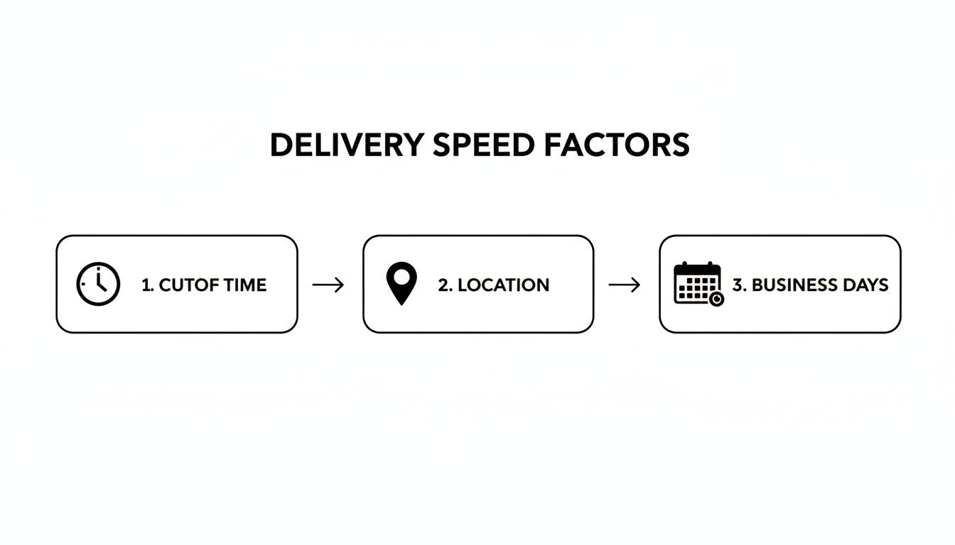A diagram illustrating three key delivery speed factors: cutoff time, location, and business days.