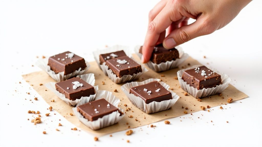 A hand selects a decadent sea salt chocolate fudge square from several arranged on parchment paper.