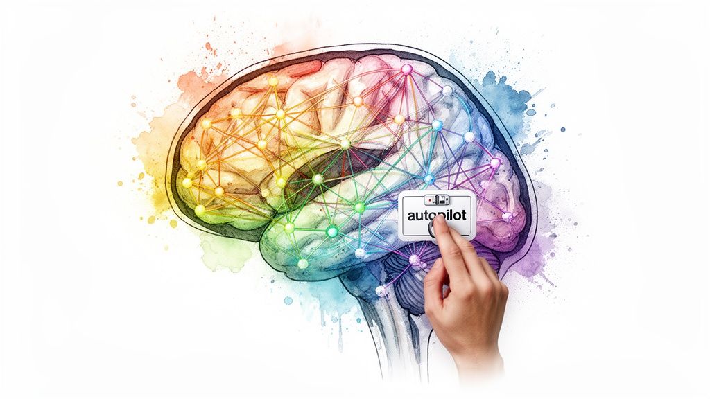 Colorful human brain with neural network and a hand pressing an "autopilot" switch.