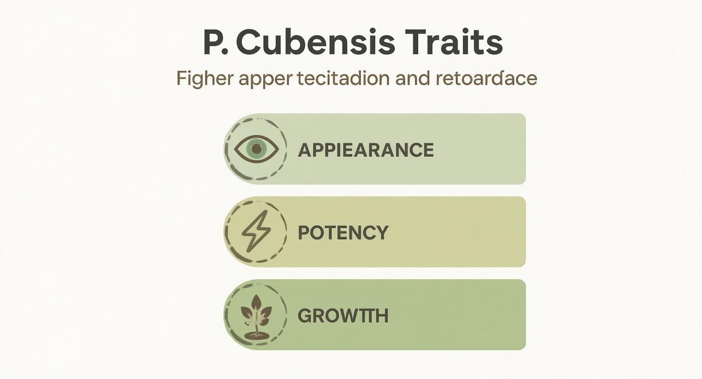 Infographic presenting P. Cubensis traits: Appearance, Potency, and Growth, each with a relevant icon.