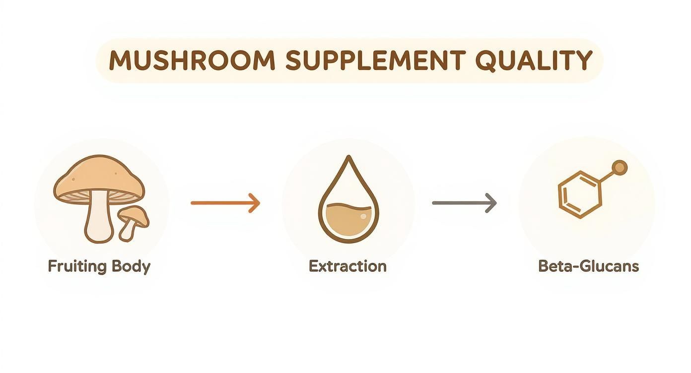 Infographic showing mushroom supplement quality, from fruiting body to extraction, yielding beta-glucans.