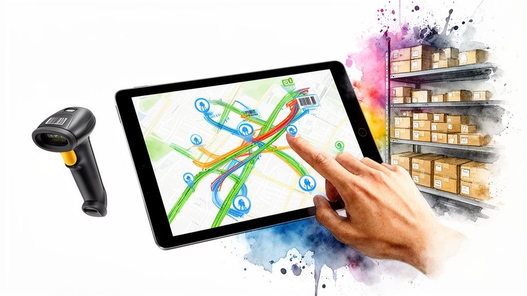 Logistics concept with barcode scanner, tablet displaying delivery routes, and warehouse inventory.