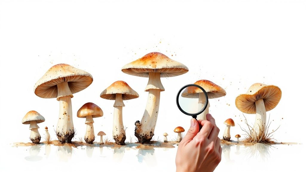 Watercolor illustration of various mushrooms, with a hand holding a magnifying glass for close inspection.