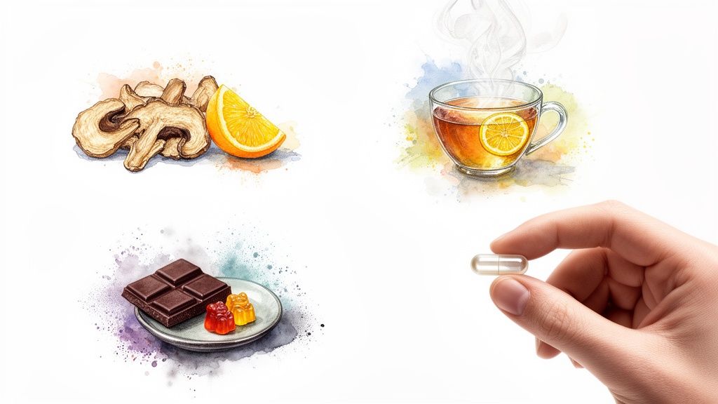 An illustration showing various consumption methods: dried mushrooms, tea, chocolate, gummies, and a capsule.