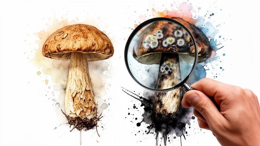 Watercolor illustration depicting a healthy mushroom next to a moldy one viewed through a magnifying glass.
